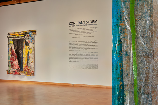 Installation view of Constant Storm exhibition at USF Contemporary Art Museum. Left to right: Art by Angel Otero and Ivelisse Jiménez. Photo: Will Lytch.