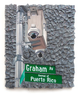 Danielle De Jesus, Graham Avenue, 2023. Oil on linen and packing material. 20 x 24 inches
