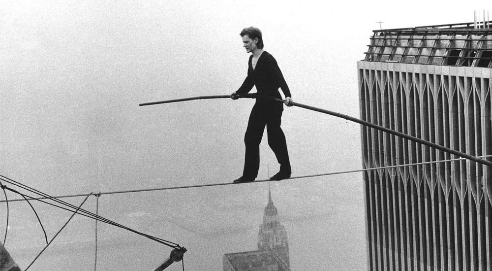 film still from Man on Wire - tight rope walker above New Your skyline